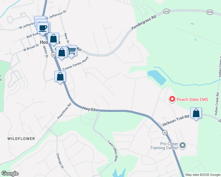 map of restaurants, bars, coffee shops, grocery stores, and more near 3340 Highway 53 in Hoschton