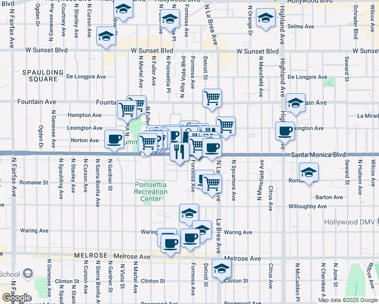 map of restaurants, bars, coffee shops, grocery stores, and more near in West Hollywood