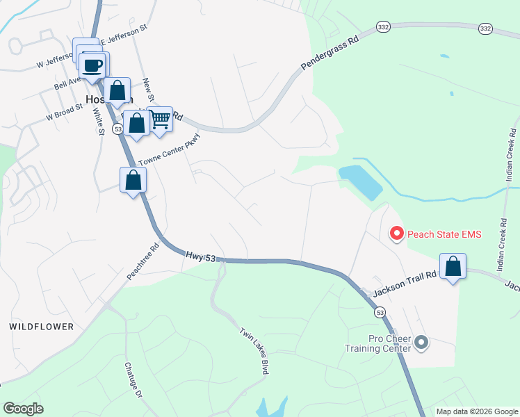 map of restaurants, bars, coffee shops, grocery stores, and more near 3340 Highway 53 in Hoschton