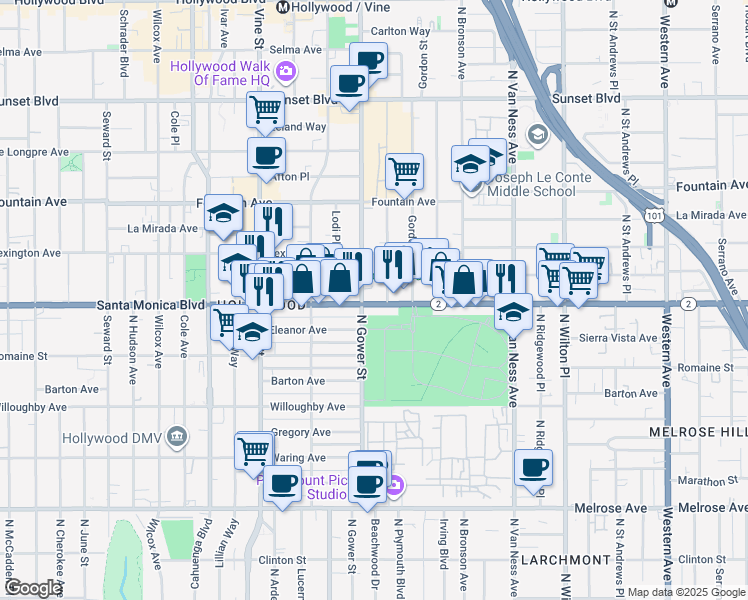 map of restaurants, bars, coffee shops, grocery stores, and more near 6044 Santa Monica Boulevard in Los Angeles