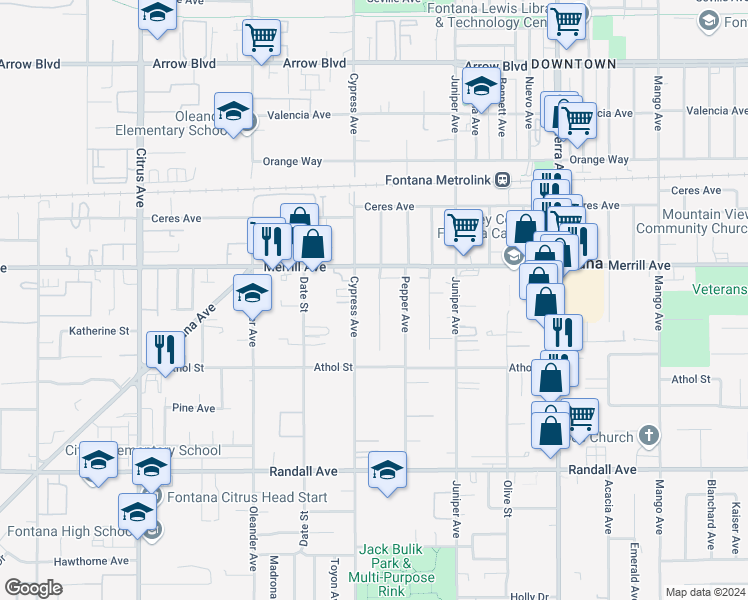 map of restaurants, bars, coffee shops, grocery stores, and more near 8968 Chantry Avenue in Fontana