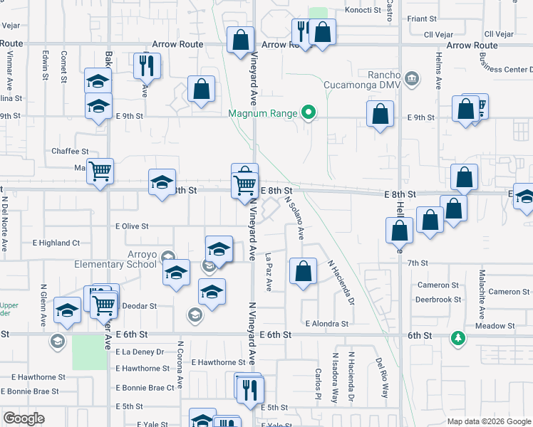 map of restaurants, bars, coffee shops, grocery stores, and more near 1814 North Vineyard Avenue in Ontario