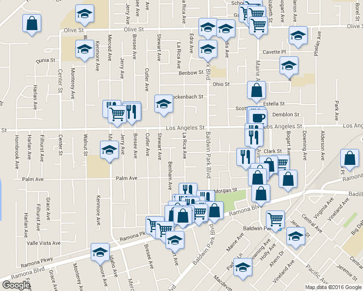 map of restaurants, bars, coffee shops, grocery stores, and more near 4319 La Rica Avenue in Baldwin Park