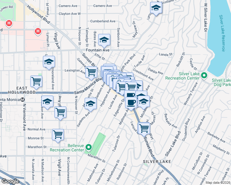 map of restaurants, bars, coffee shops, grocery stores, and more near West Sunset Boulevard in Los Angeles