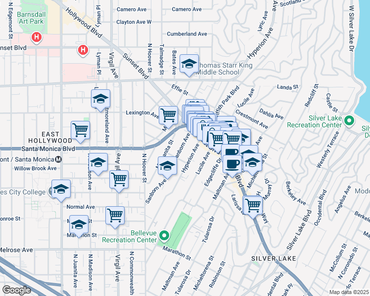 map of restaurants, bars, coffee shops, grocery stores, and more near 1026 Sanborn Avenue in Los Angeles