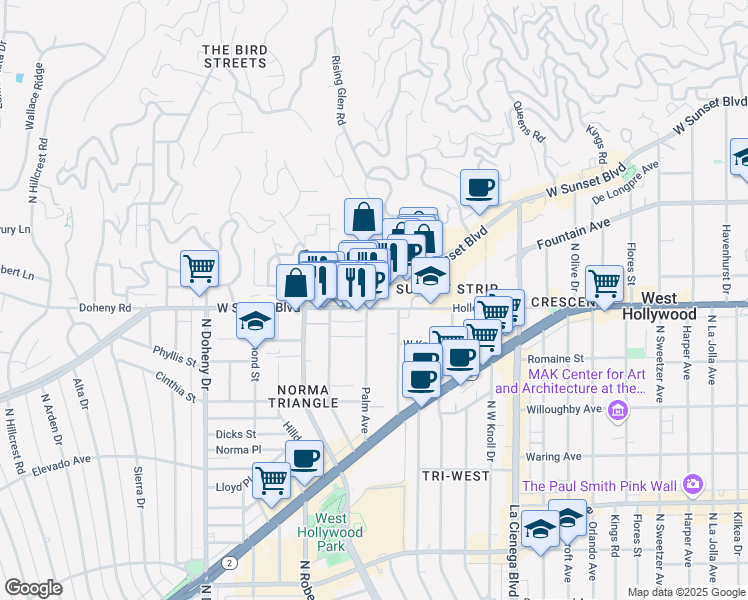map of restaurants, bars, coffee shops, grocery stores, and more near in West Hollywood