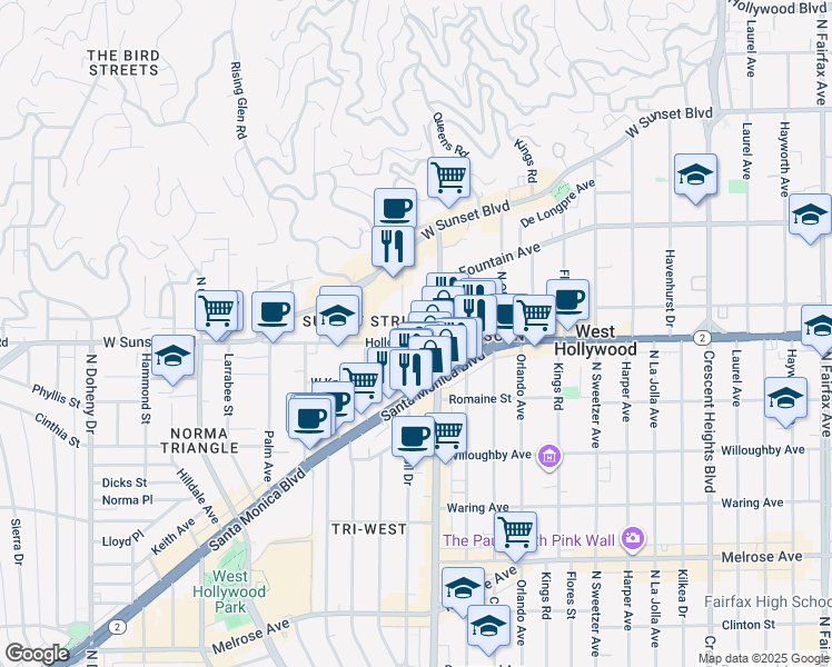 map of restaurants, bars, coffee shops, grocery stores, and more near 1100 Alta Loma Road in West Hollywood