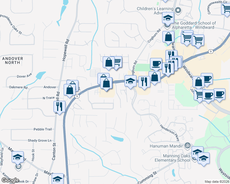 map of restaurants, bars, coffee shops, grocery stores, and more near 268 Water Oak Place in Alpharetta