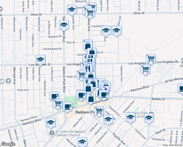 map of restaurants, bars, coffee shops, grocery stores, and more near 4303 Maupin Avenue in Baldwin Park
