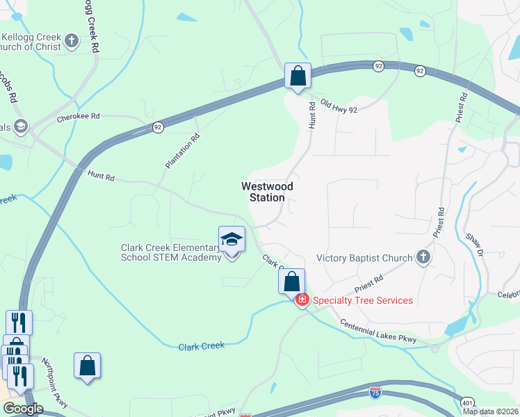 map of restaurants, bars, coffee shops, grocery stores, and more near 3120 Westwood Drive in Acworth