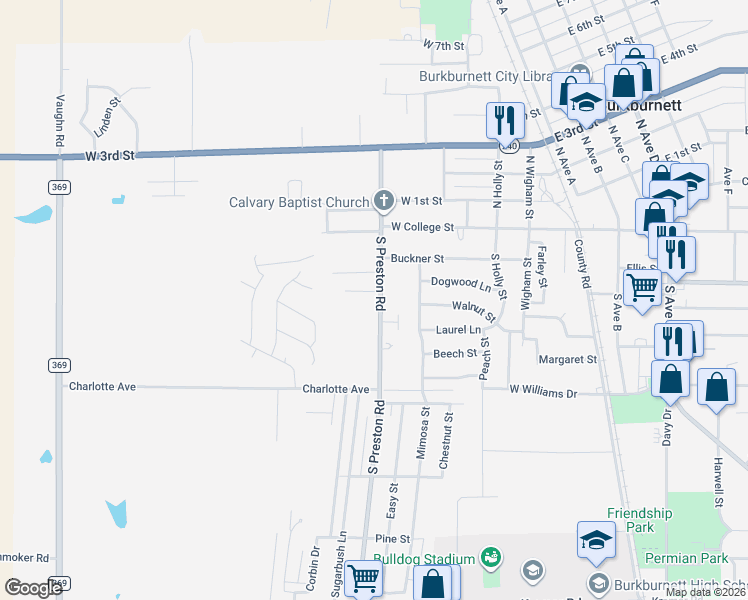 map of restaurants, bars, coffee shops, grocery stores, and more near 306 South Preston Road in Burkburnett
