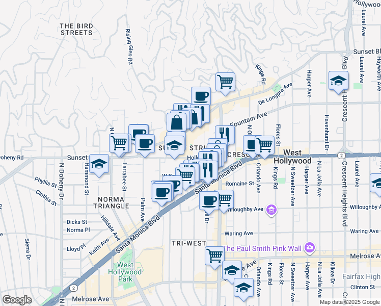 map of restaurants, bars, coffee shops, grocery stores, and more near 8575 Holloway Drive in West Hollywood