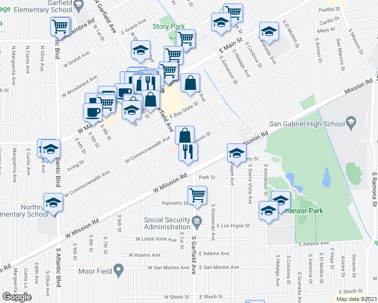 map of restaurants, bars, coffee shops, grocery stores, and more near 420 South Garfield Avenue in Alhambra