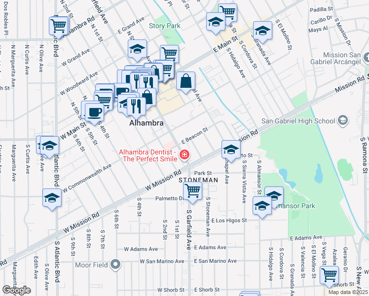 map of restaurants, bars, coffee shops, grocery stores, and more near 420 South Garfield Avenue in Alhambra