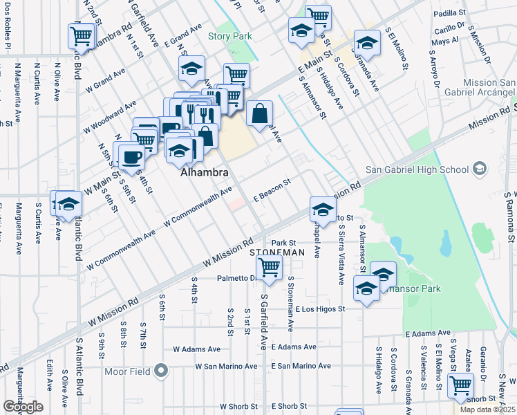 map of restaurants, bars, coffee shops, grocery stores, and more near 402 South Garfield Avenue in Alhambra