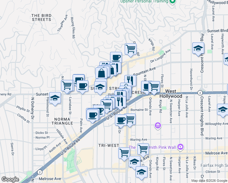 map of restaurants, bars, coffee shops, grocery stores, and more near 8558 Holloway Drive in West Hollywood