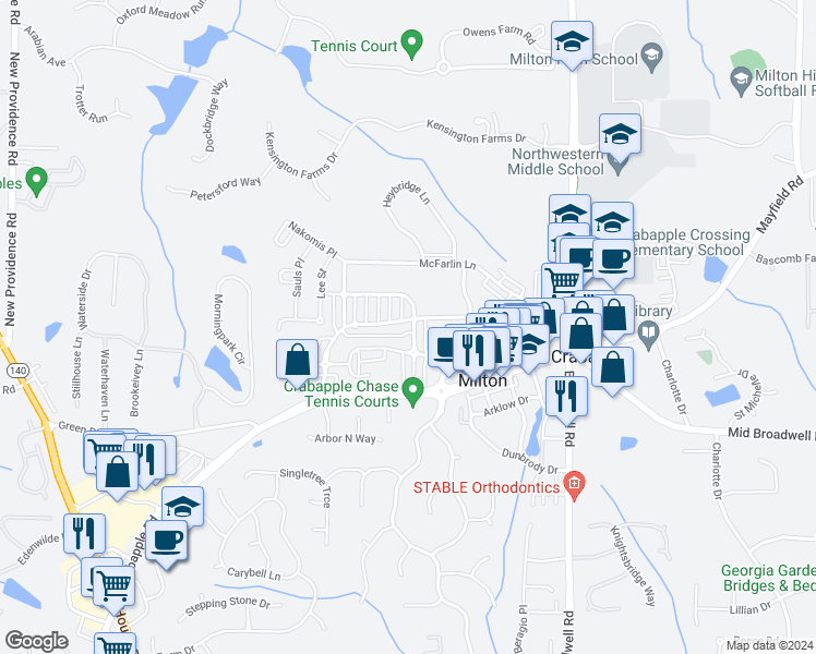 map of restaurants, bars, coffee shops, grocery stores, and more near 12701 Lecoma Trace in Milton