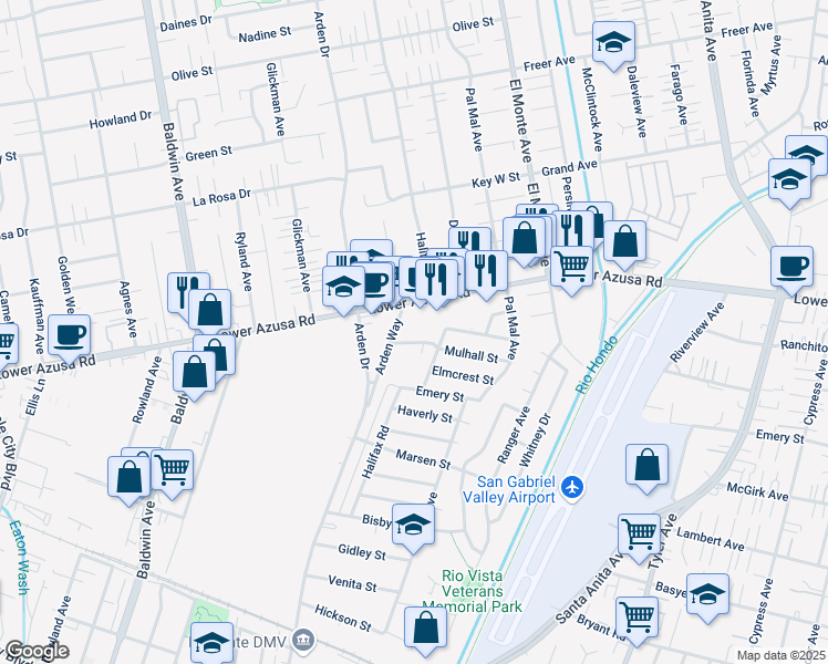 map of restaurants, bars, coffee shops, grocery stores, and more near 10451 Mulhall Street in El Monte