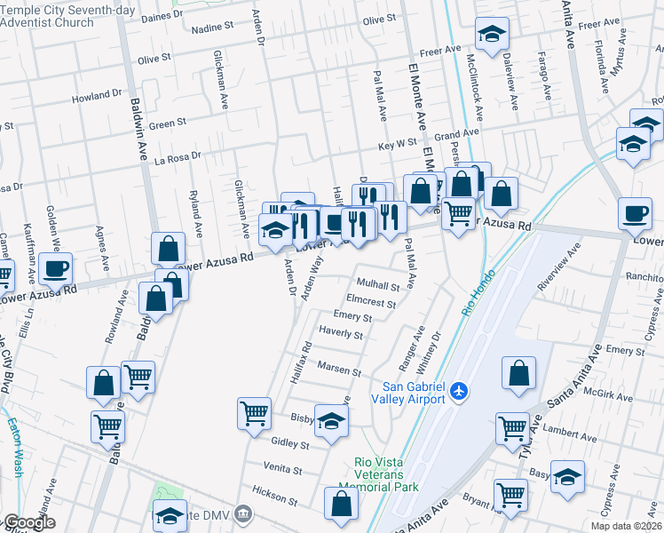 map of restaurants, bars, coffee shops, grocery stores, and more near 10451 Mulhall Street in El Monte