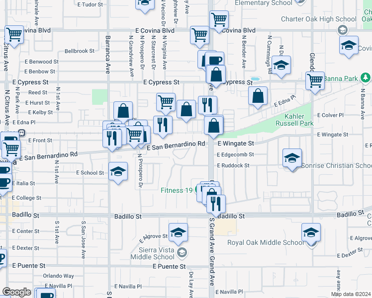 map of restaurants, bars, coffee shops, grocery stores, and more near 433 Linda Terrace North in Covina