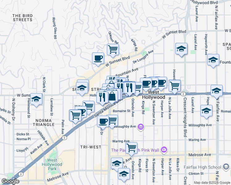 map of restaurants, bars, coffee shops, grocery stores, and more near 8465 Holloway Drive in West Hollywood