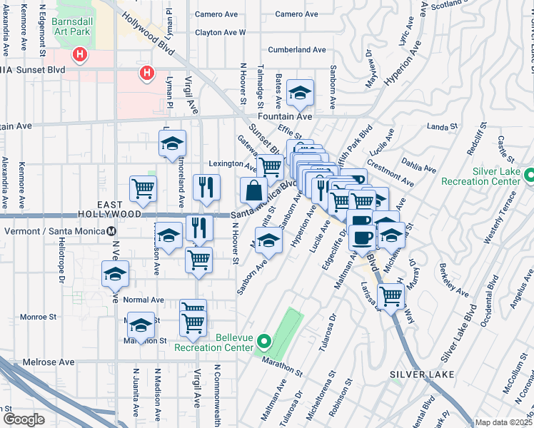 map of restaurants, bars, coffee shops, grocery stores, and more near 1009 Manzanita Street in Los Angeles