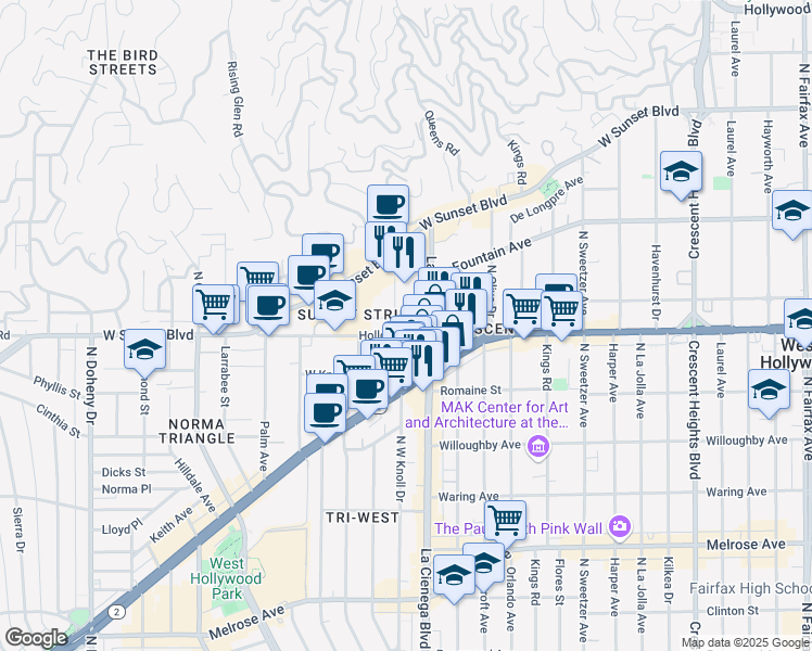 map of restaurants, bars, coffee shops, grocery stores, and more near 1100 Alta Loma Road in West Hollywood