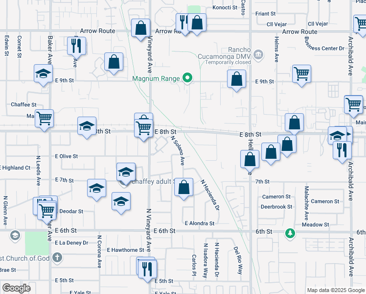 map of restaurants, bars, coffee shops, grocery stores, and more near 2031 East Olive Court in Ontario