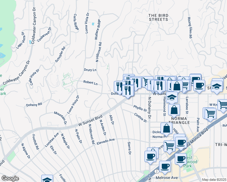 map of restaurants, bars, coffee shops, grocery stores, and more near 810 Sierra Drive in Beverly Hills
