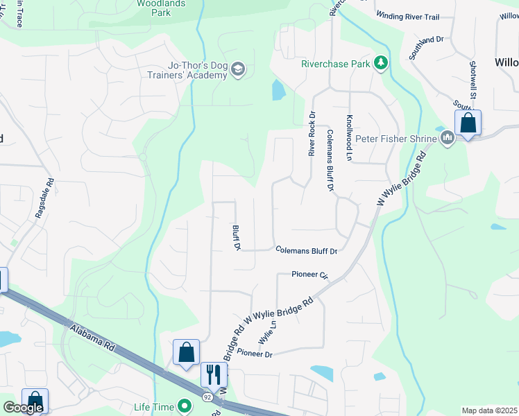 map of restaurants, bars, coffee shops, grocery stores, and more near 528 Bluff Court in Woodstock