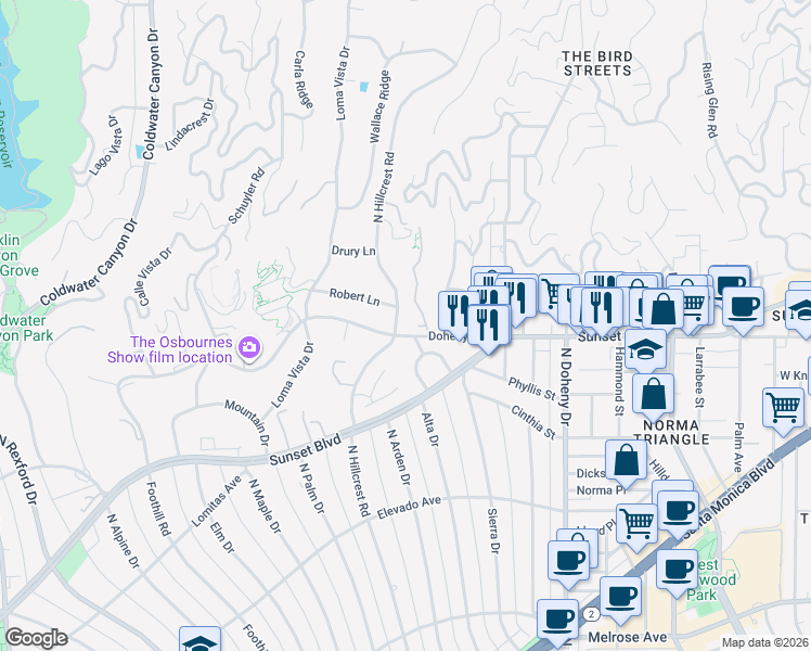 map of restaurants, bars, coffee shops, grocery stores, and more near 900 North Hillcrest Road in Beverly Hills