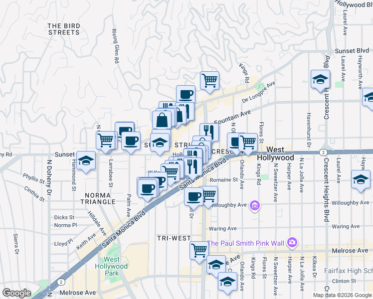 map of restaurants, bars, coffee shops, grocery stores, and more near 8558 Holloway Drive in West Hollywood