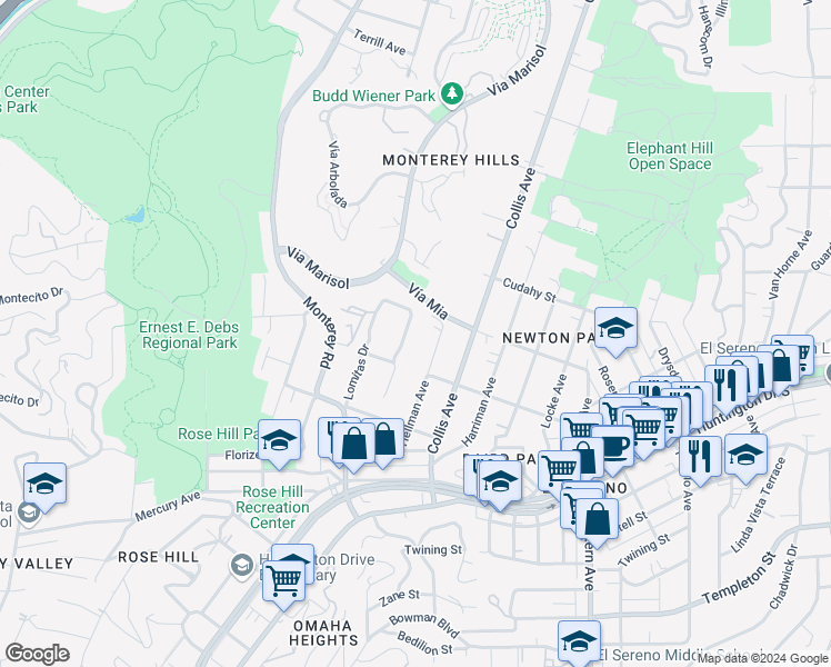 map of restaurants, bars, coffee shops, grocery stores, and more near 3836 Oak Hill Avenue in Los Angeles