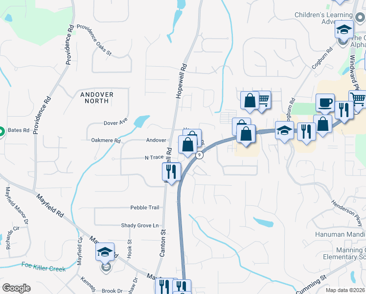 map of restaurants, bars, coffee shops, grocery stores, and more near 8103 Windrush Lane in Alpharetta