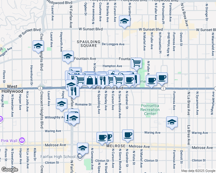 map of restaurants, bars, coffee shops, grocery stores, and more near 7624 Santa Monica Boulevard in West Hollywood