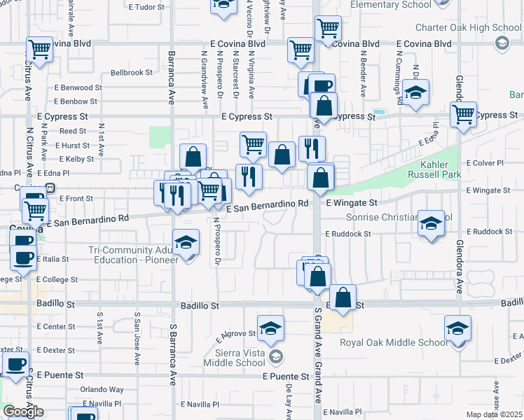 map of restaurants, bars, coffee shops, grocery stores, and more near 758 East San Bernardino Road in Covina