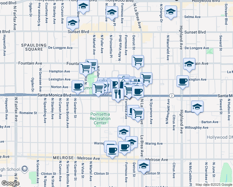 map of restaurants, bars, coffee shops, grocery stores, and more near in West Hollywood