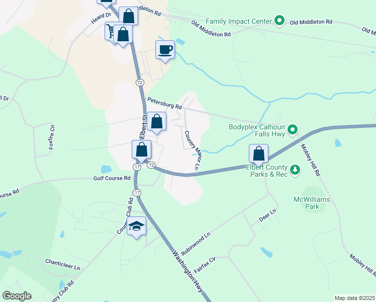 map of restaurants, bars, coffee shops, grocery stores, and more near 1055 Country Manor Lane in Elberton