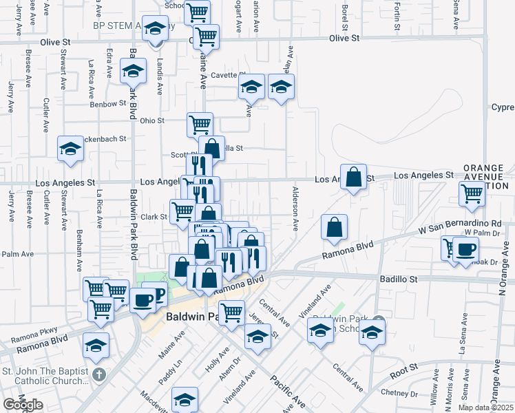 map of restaurants, bars, coffee shops, grocery stores, and more near Clark Street in Baldwin Park