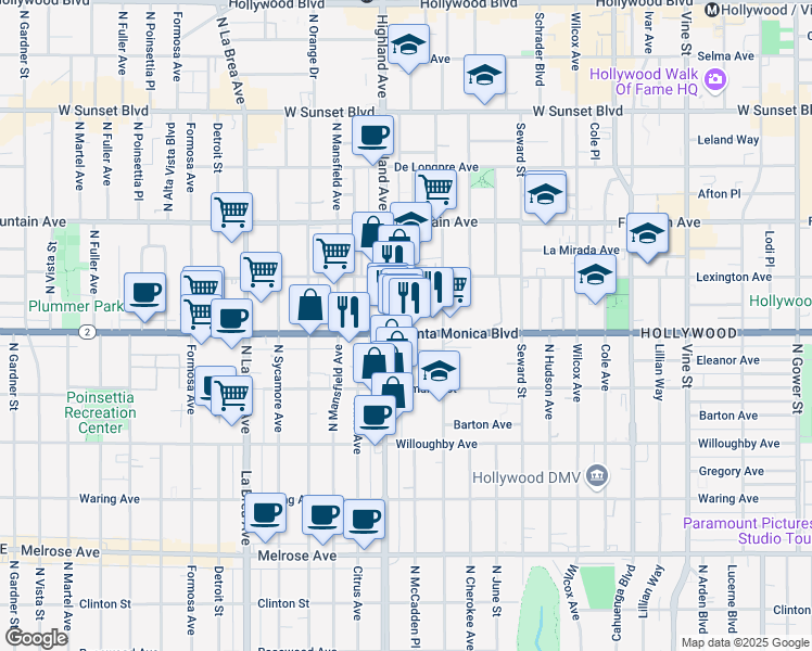 map of restaurants, bars, coffee shops, grocery stores, and more near in Los Angeles