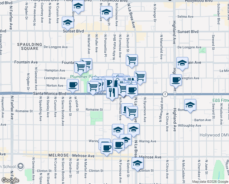 map of restaurants, bars, coffee shops, grocery stores, and more near in West Hollywood