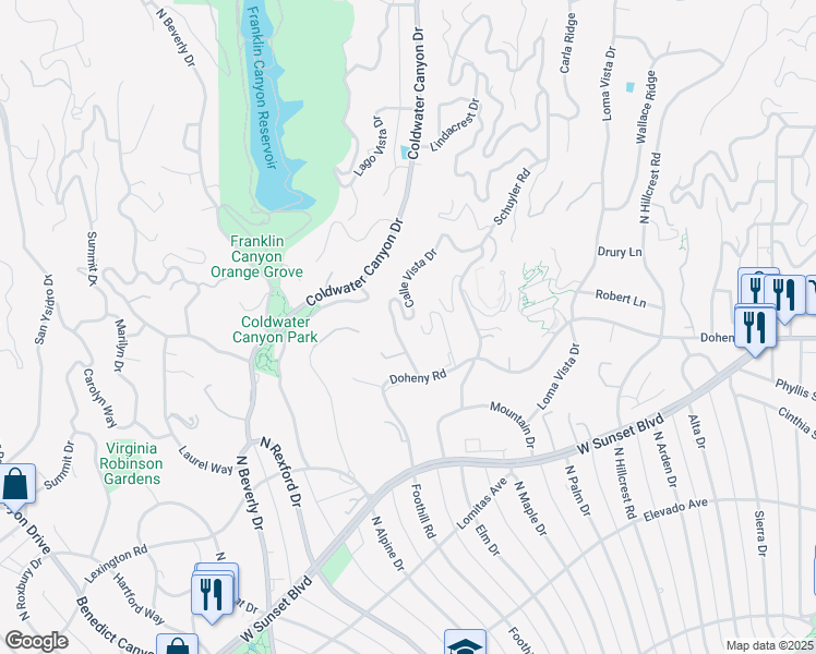 map of restaurants, bars, coffee shops, grocery stores, and more near 1118 Calle Vista Drive in Beverly Hills
