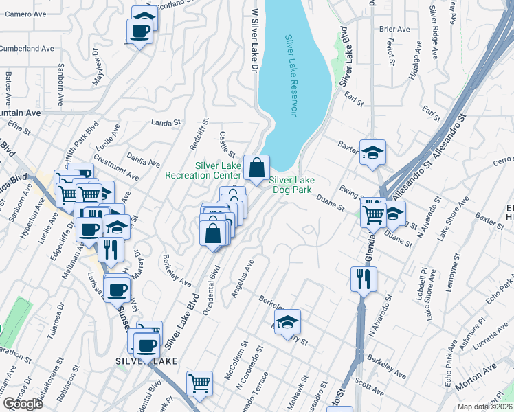 map of restaurants, bars, coffee shops, grocery stores, and more near 1807 Fanning Street in Los Angeles
