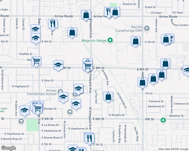 map of restaurants, bars, coffee shops, grocery stores, and more near 1814 North Vineyard Avenue in Ontario
