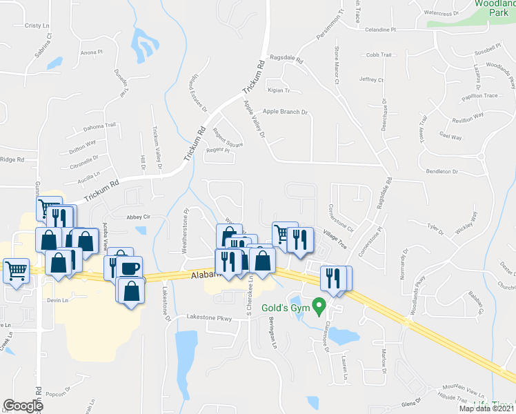 map of restaurants, bars, coffee shops, grocery stores, and more near 177 Village Trace in Woodstock