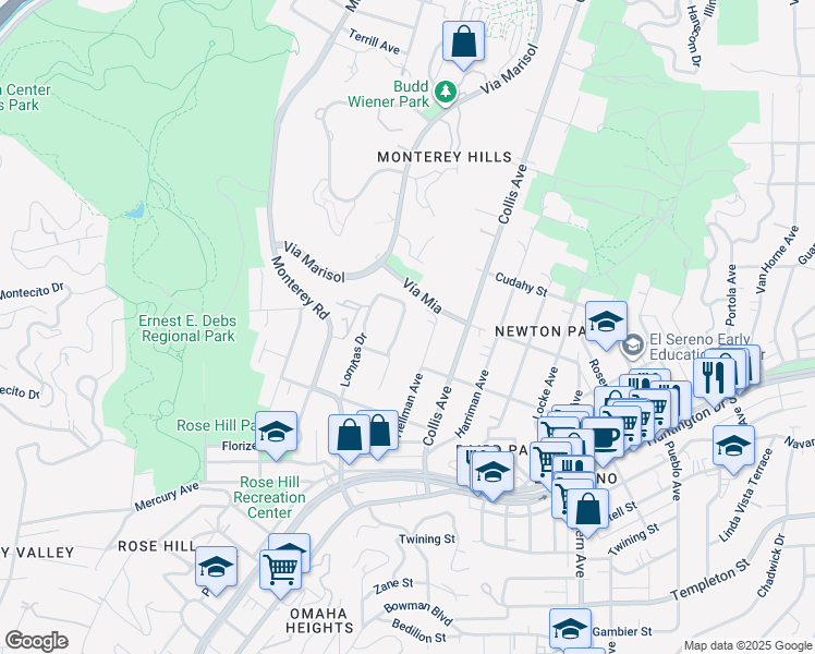 map of restaurants, bars, coffee shops, grocery stores, and more near 3836 Oak Hill Avenue in Los Angeles