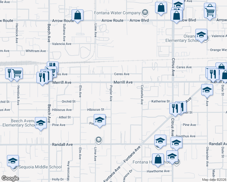 map of restaurants, bars, coffee shops, grocery stores, and more near 8979 Poplar Avenue in Fontana