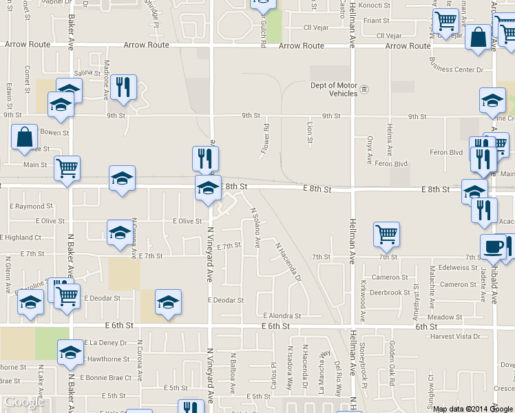 map of restaurants, bars, coffee shops, grocery stores, and more near 2031 East Olive Court in Ontario