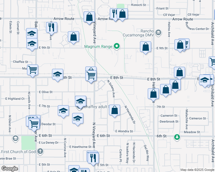 map of restaurants, bars, coffee shops, grocery stores, and more near 1953 North Barranca Avenue in Ontario