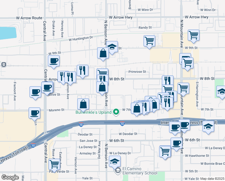 map of restaurants, bars, coffee shops, grocery stores, and more near 276 Benson Avenue in Upland
